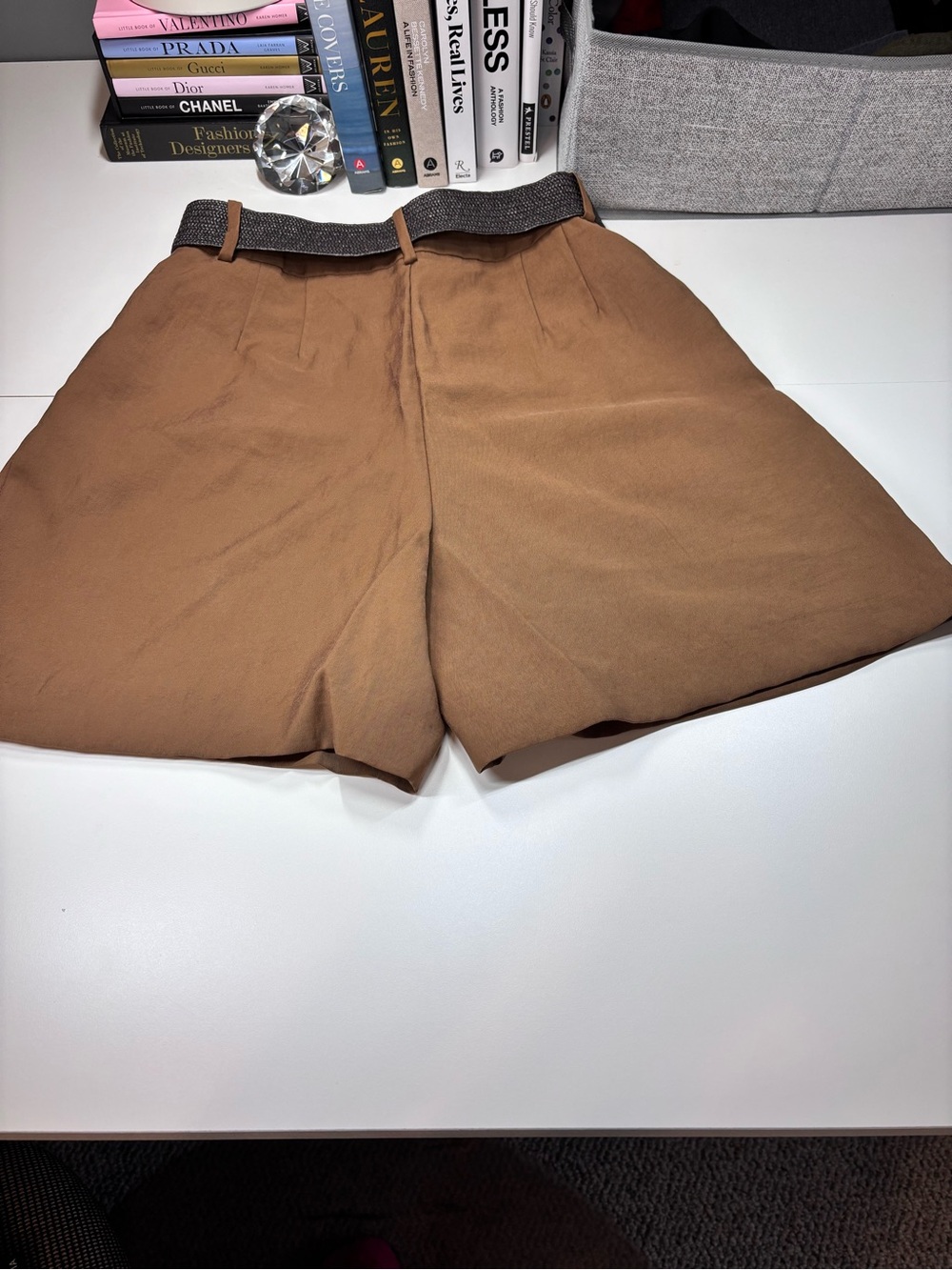 Women's High-Waist Brown Tailored Shorts with Belt - Picture 2 of 15